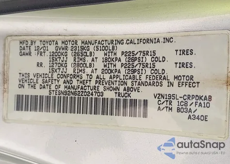 2002 Toyota Tacoma Prerunner V6 from USA, damaged, VIN 5TESN92N62Z024703